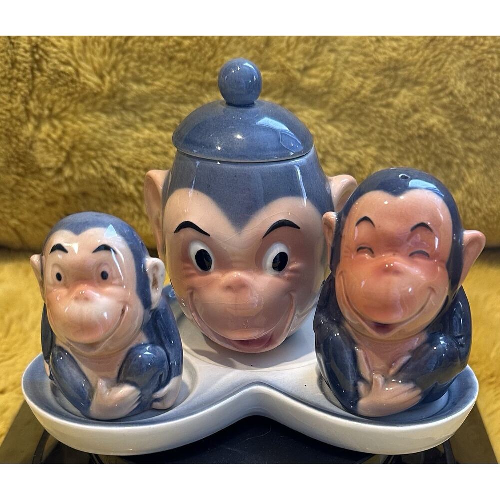 Goebel Ceramic Ape Monkey salt pepper mustard set Figurine 1961 Happy Chimps Vtg